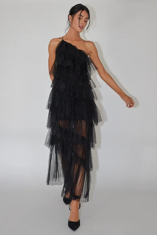 Arrabel Tiered Ruffle Tulle Maxi Dress Black