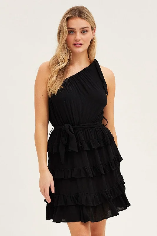 Black Mini Dress One Shoulder Sleeveless