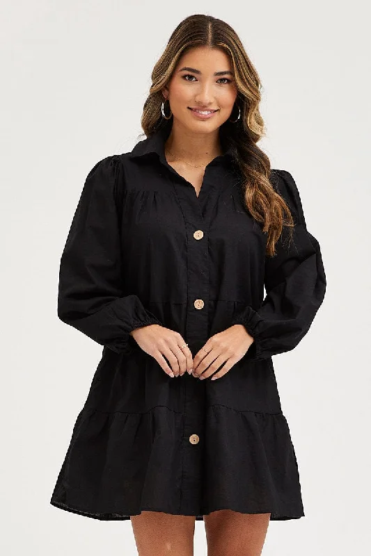 Black Tiered Dress Long Sleeve Mini