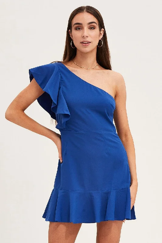 Blue Mini Dress Sleeveless One Shoulder Ruffled