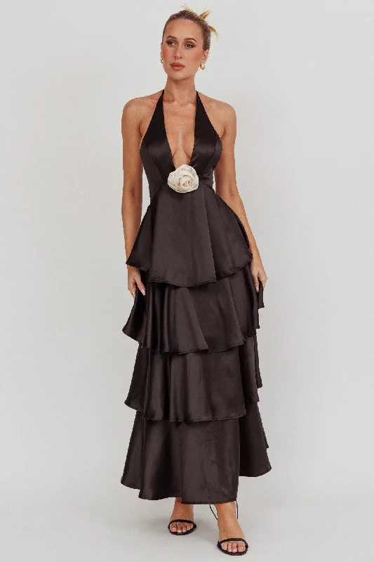 Catalina Tiered Ruffle Rosette Maxi Dress Black