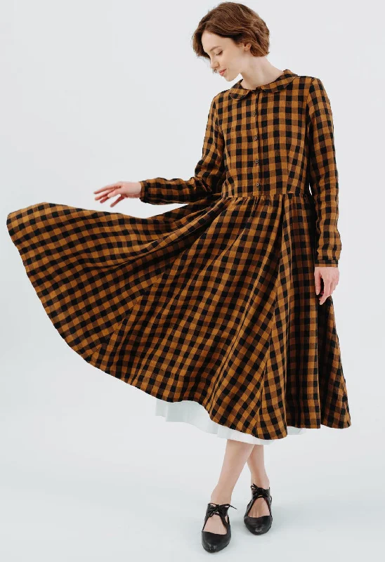 Classic Dress, Long Sleeve, Brown Checkers