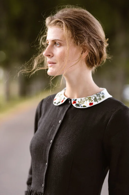 Classic Dress with Embroidered Garden Collar, Long Sleeve