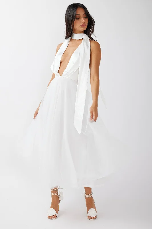 Darci Plunging Neckline Tulle Midi Dress White