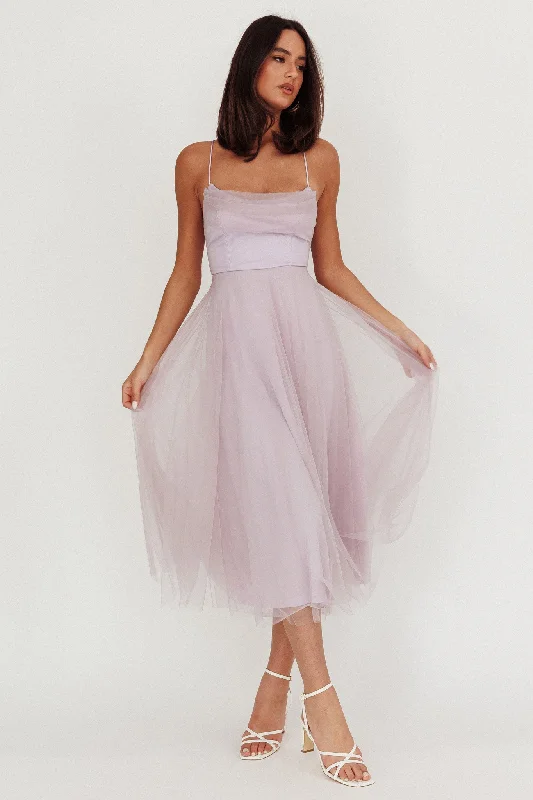 Floating By Pleated Neckline Mesh Midi Dress Lilac