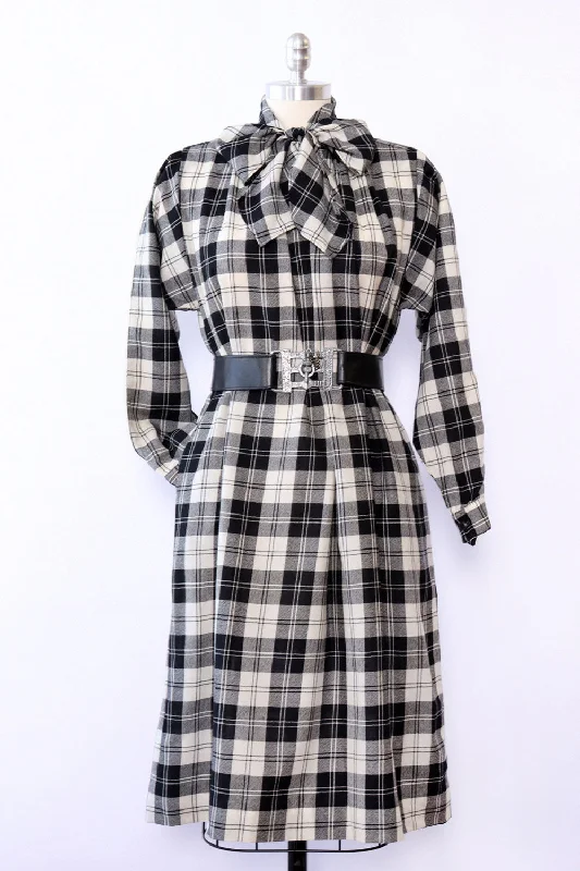 French Monochrome Check Tie Dress S