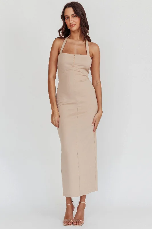 Goldfoil Halter Neck Maxi Dress Ecru