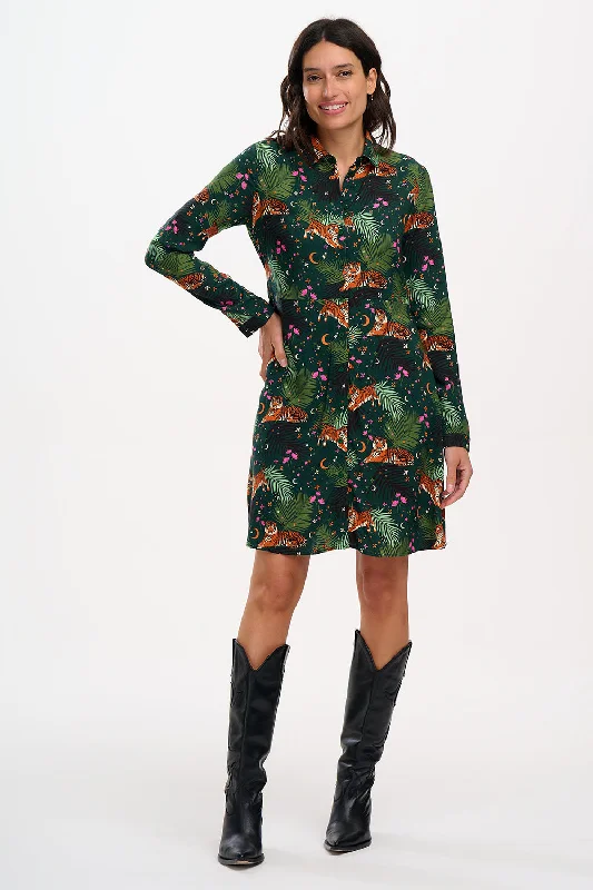 Henrietta Mini Shirt Dress - Dark Green, Tigers & Palms