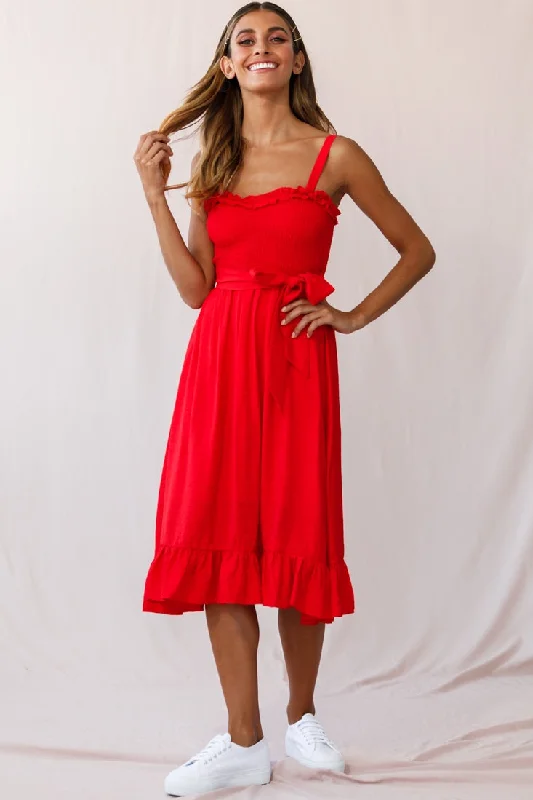 Honey Shirred Frill Midi Dress Red