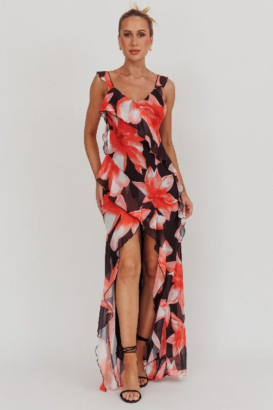 Joyride Floral Ruffle Maxi Dress Black/Red