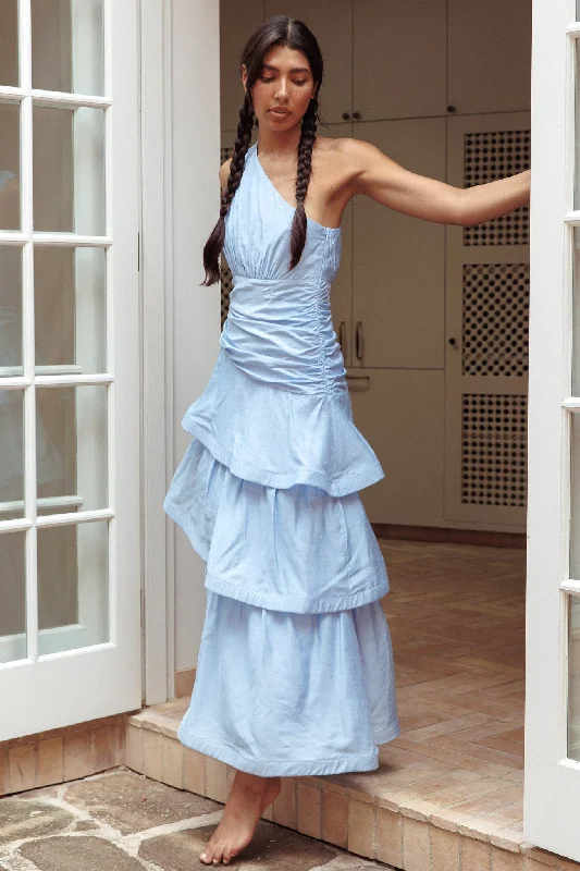 Kenny One Shoulder Tiered Maxi Dress Solid Blue