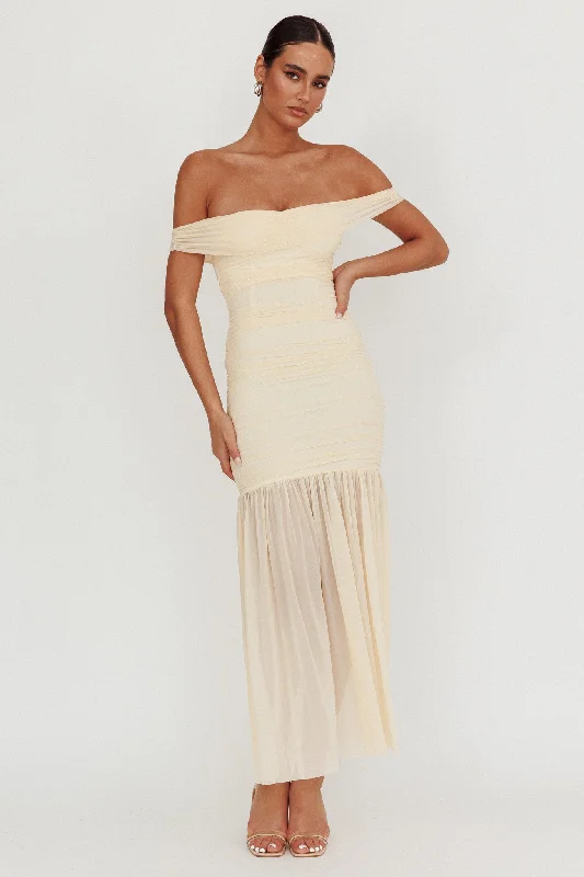 La Salle Off Shoulder Mesh Maxi Dress Ivory