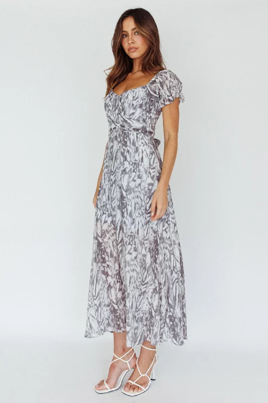 Linka Off-Shoulder Tie Back Midi Dress Printed Grey