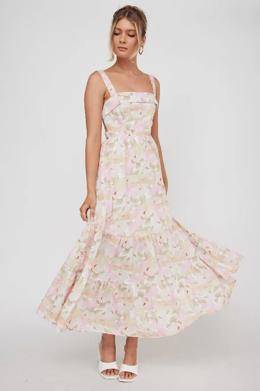 Lisseth Foldover Neckline Midi Dress Floral Pink