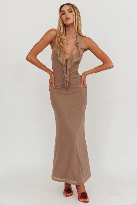 Live Loud Ruffle Halterneck Maxi Dress Grey