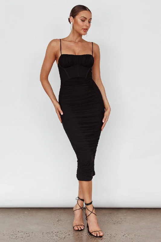 Malibu Sun Ruched Midi Dress Barbie Black