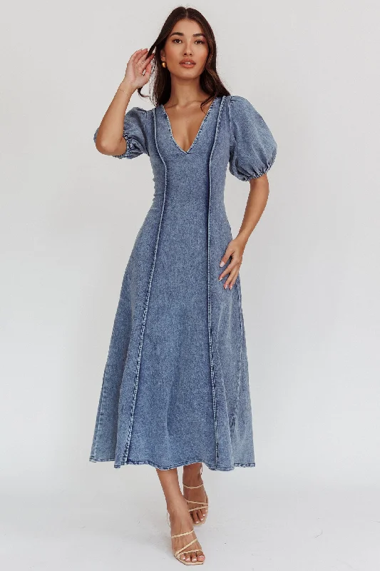 Morgane Puff Sleeve V-Neck Midi Dress Light Denim Blue