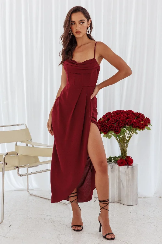 Patrice Draped Neck Split Midi Dress Wine