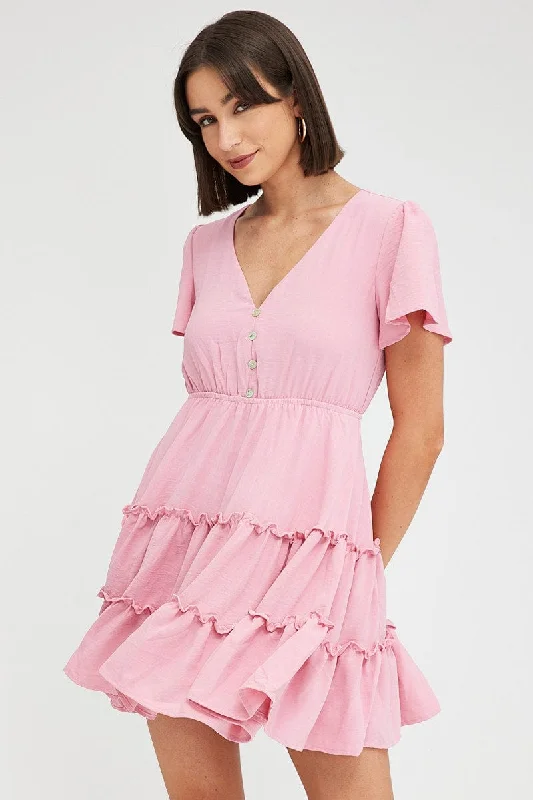 Pink Fit And Flare Dress Short Sleeve Mini