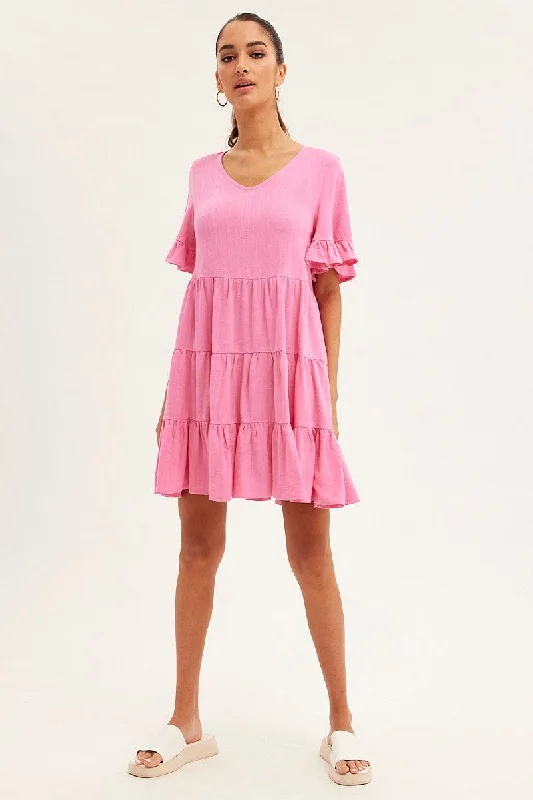 Pink Relaxed Dress Short Sleeve Tiered Linen Blend