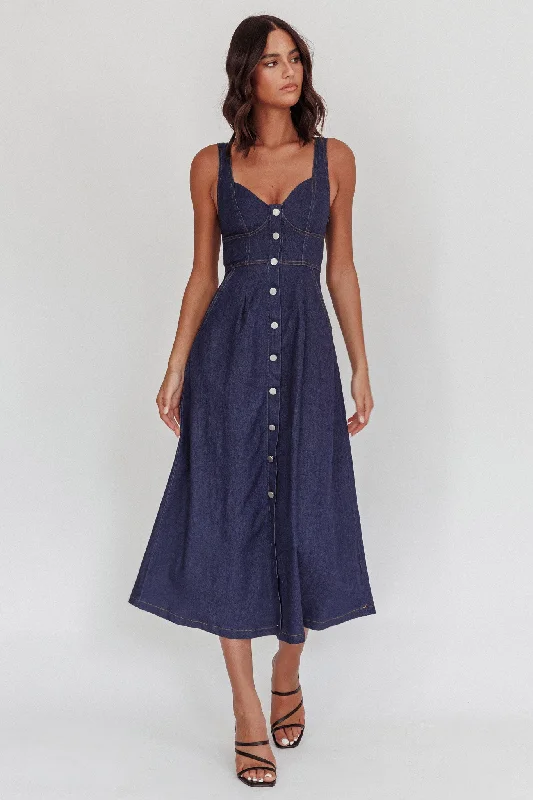 Pixie Dust Button Front Midi Dress Dark Denim