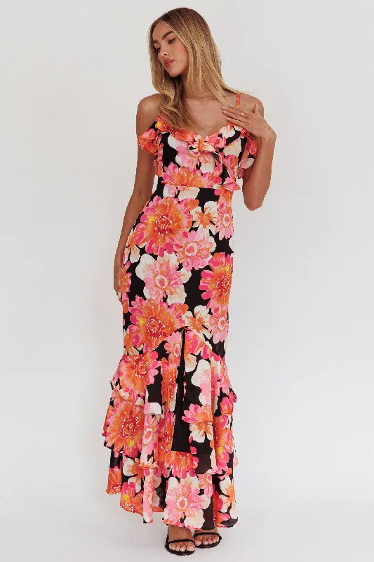 Silvana Frill Trim Maxi Dress Black/Pink