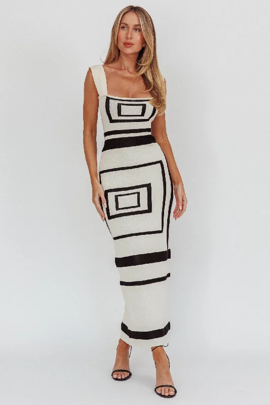 Stargazing Square Print Knit Maxi Dress Beige