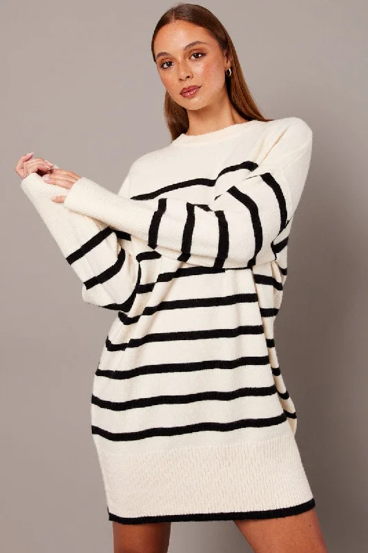 White Stripe Knit Dress Long Sleeve Crew Neck Oversized