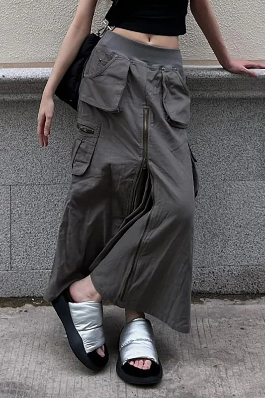 Elastic Zip Up Flap Pocket Cargo Skirt