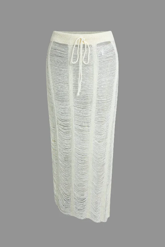 Asymmetrical Hem Distressed Ladder Knit Skirt