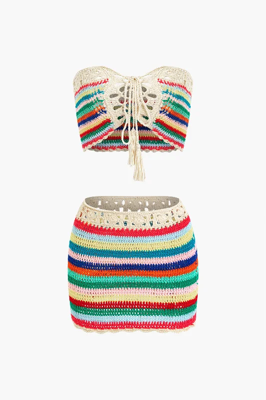 Rainbow Crochet Tie Front Tube Top And Skirt Set