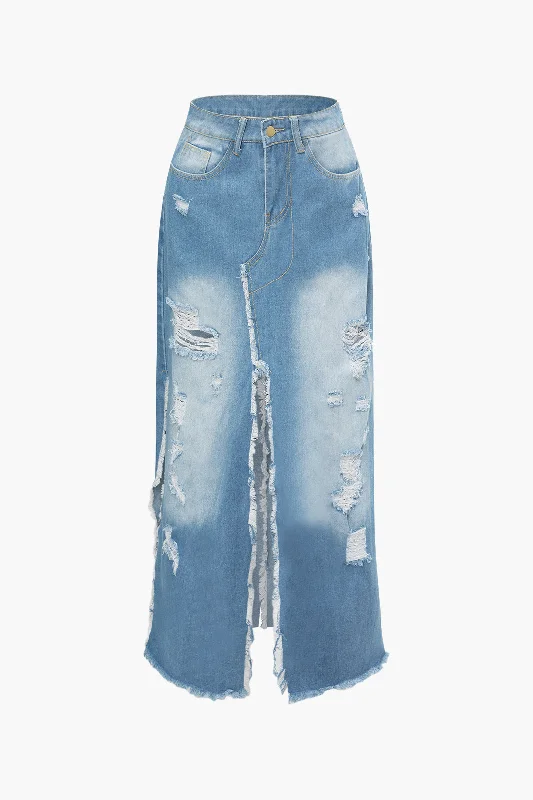 Destroyed Frayed Split Denim Skirt