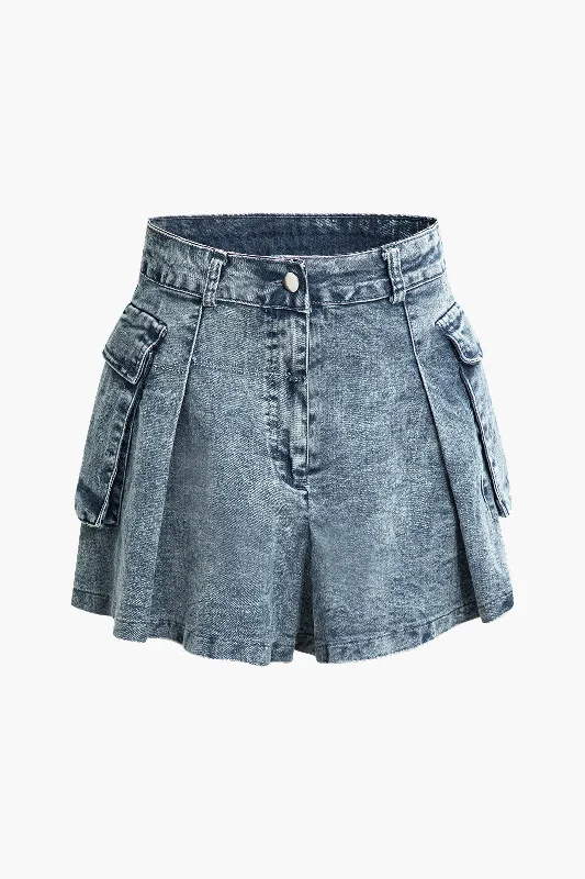 Flap Pocket Pleated Denim Skirt