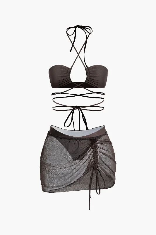 Tie Halter Ruched Bikini And Drawstring Skirt 3-Piece Sets