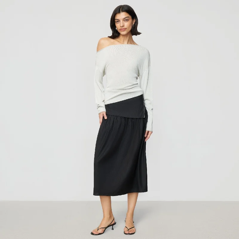 Mako Linen Foldover Zip-Waist Skirt | Black